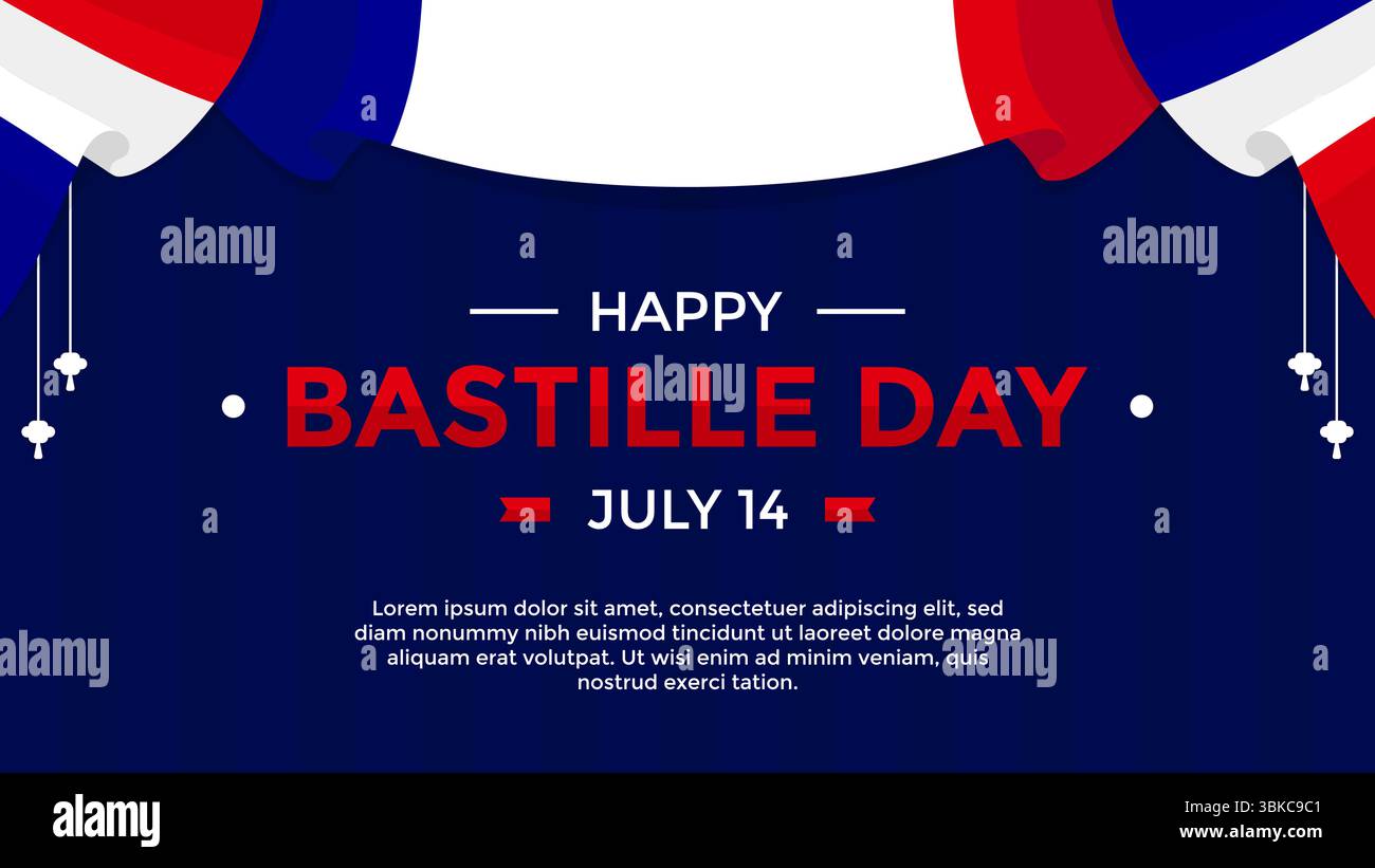 Happy Bastille Day greeting template with France flag as a curtain on dark blue horizontal background suitable for advertisement and promotion Stock Vector