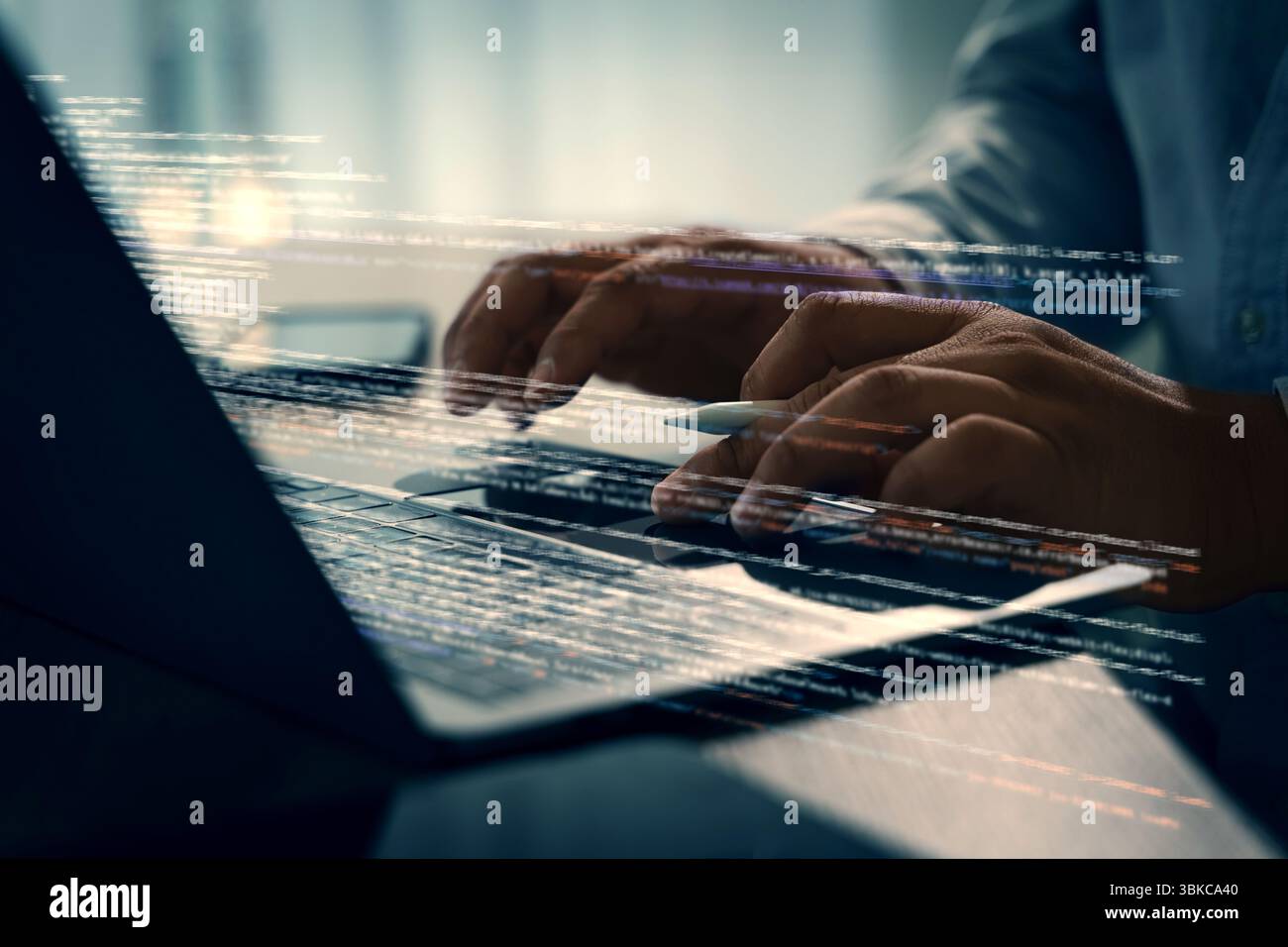 A programming code on representing person working laptop with digital code overlay, focusing programming or cybersecurity, modern office environment Stock Photo