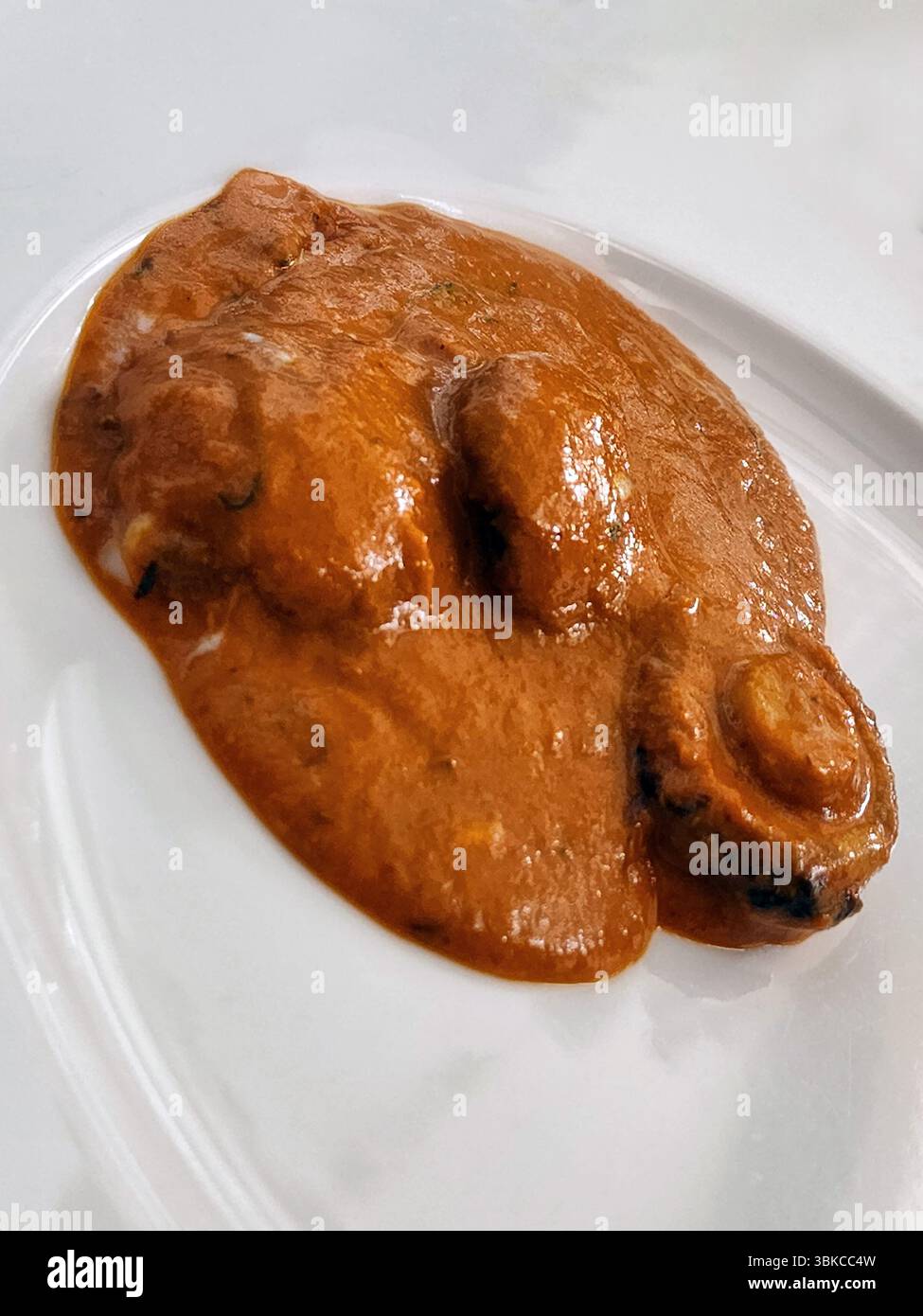 A delicious looking tasty and spicy Indian dish called Mushroom Chilly with its gravy. Stock Photo
