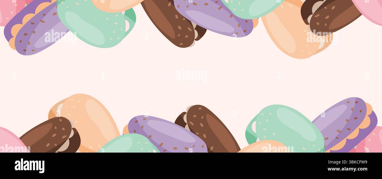 Horizontal seamless border with macarons on top and bottom Stock Vector