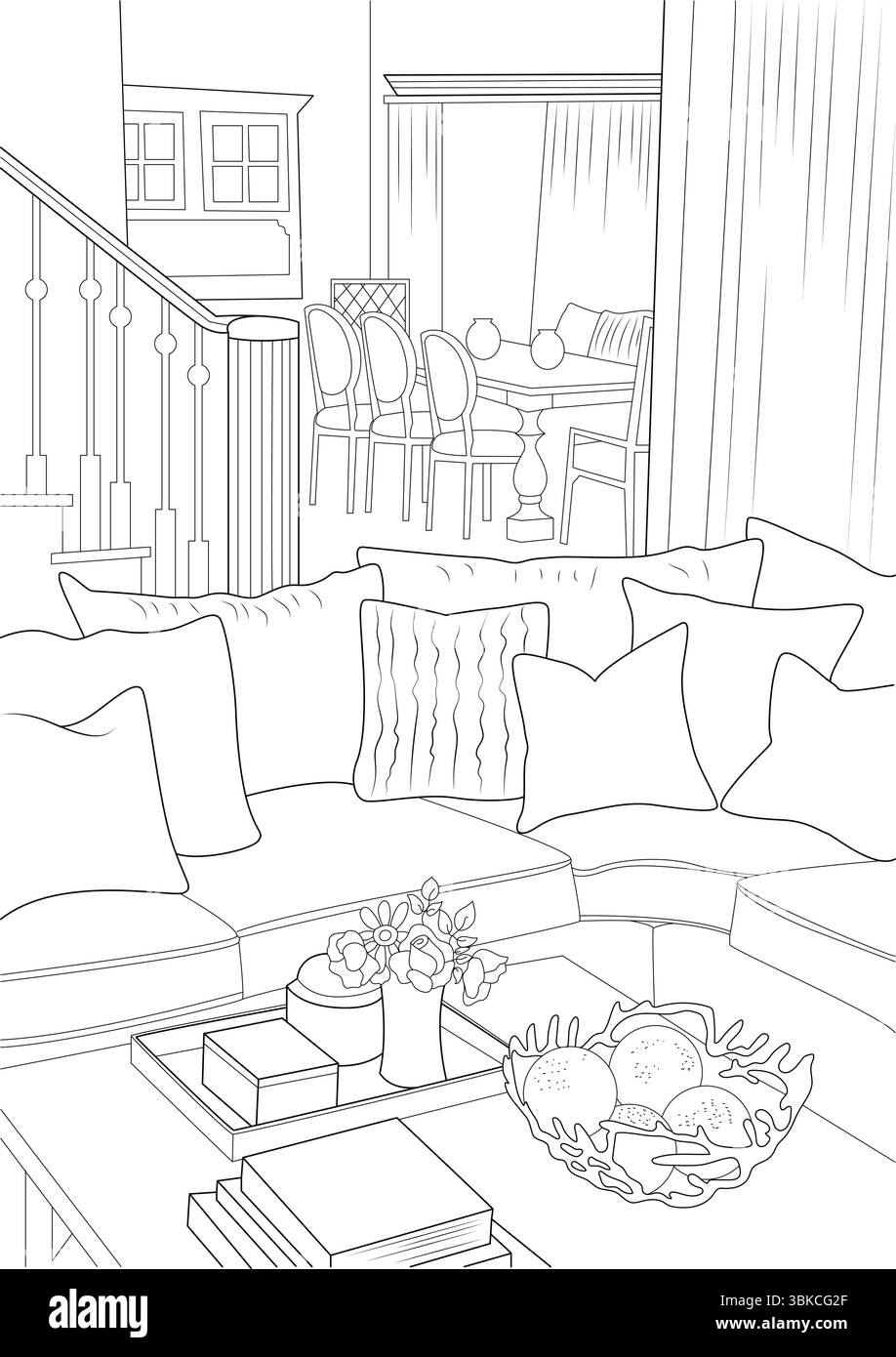 Line art illustration of a comfortable home interior scene, featuring a living room with a large sectional sofa, pillows, coffee table with books and Stock Vector