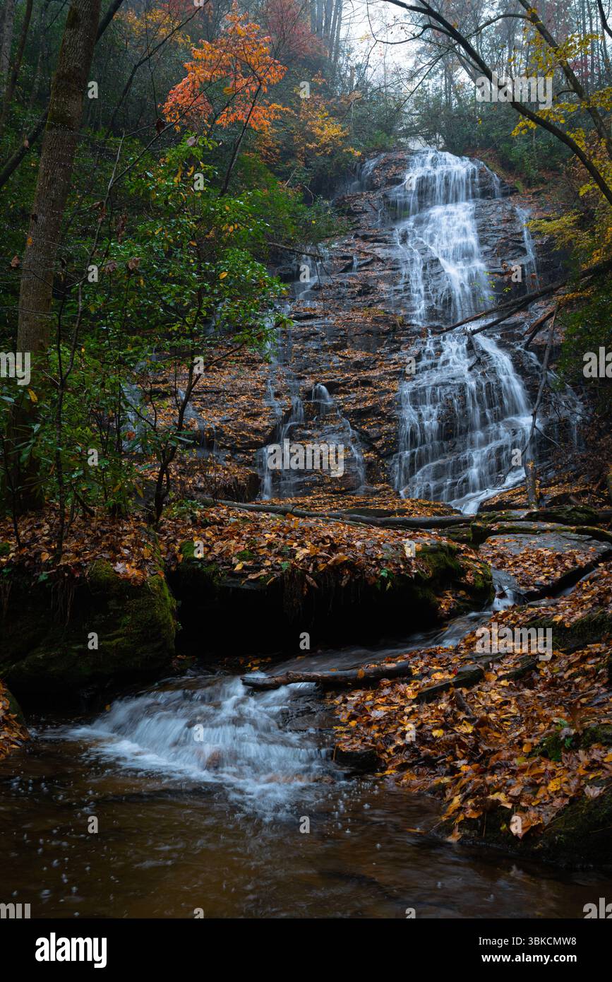 Waterfall on a misty autumn day Stock Photo
