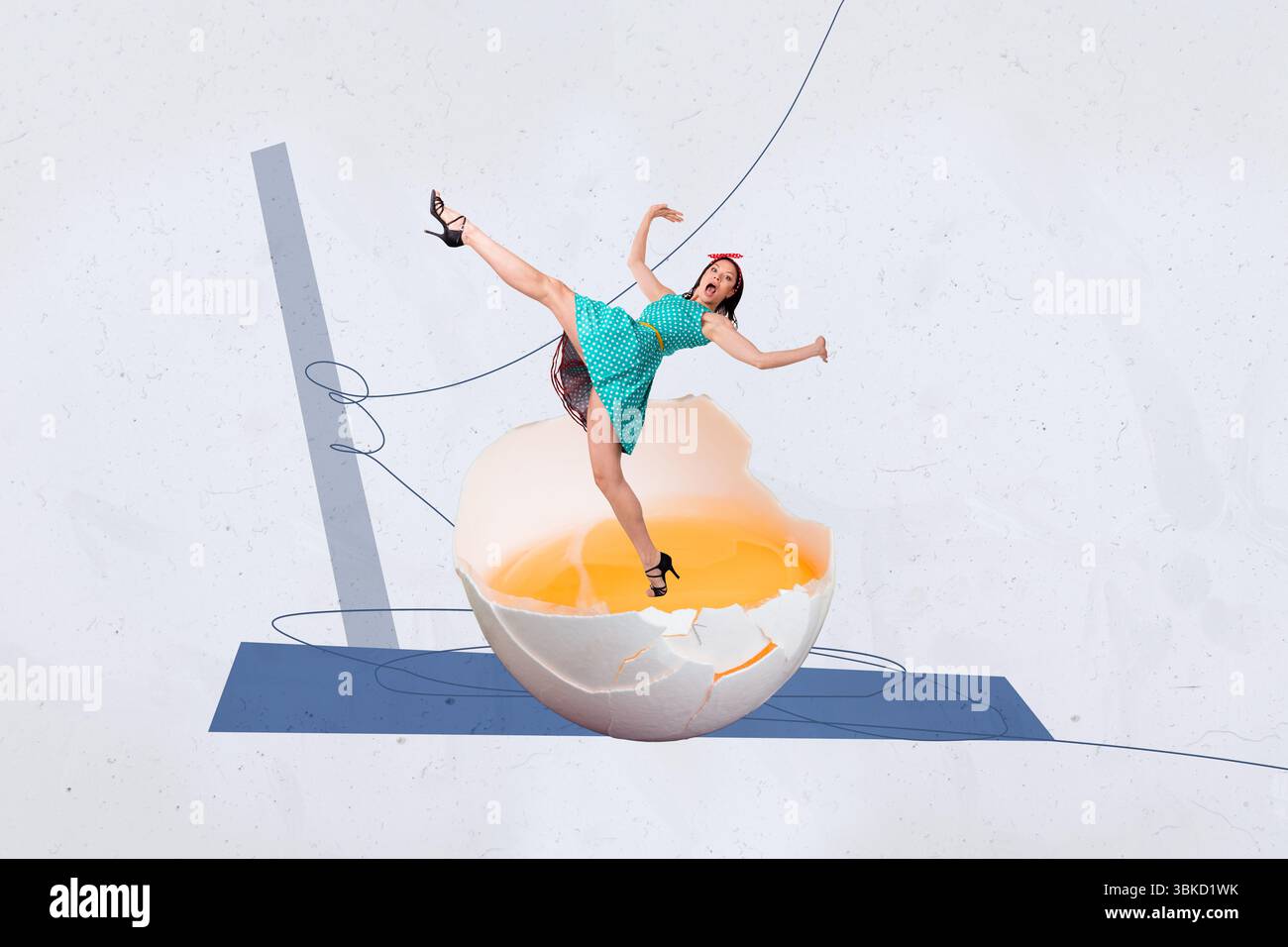 Trend poster collage of person stand fall yellow yolk egg on blue background Stock Photo