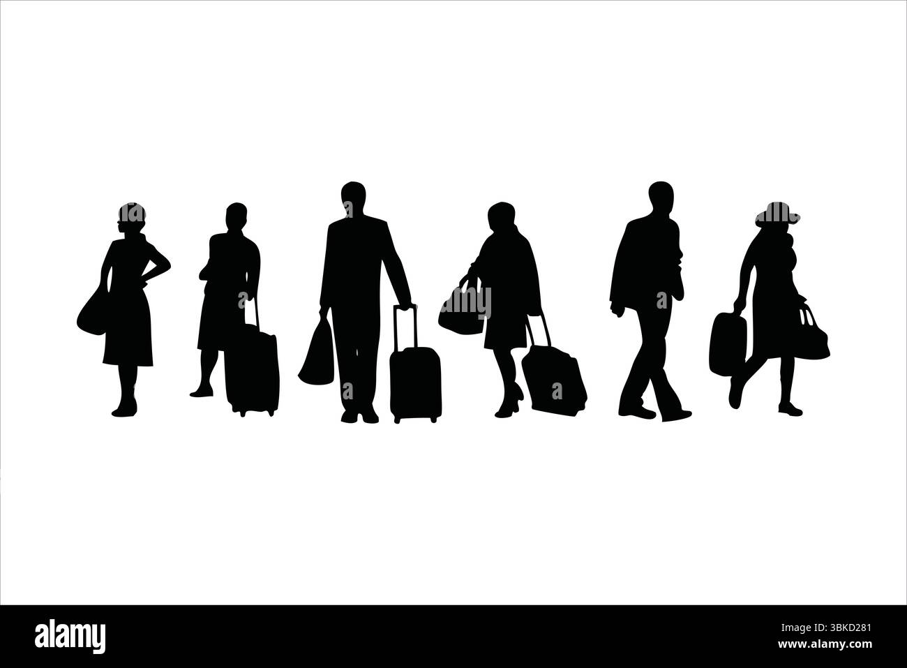 Travelers with Luggage Silhouettes - Airport Passengers Vector Set Stock Vector