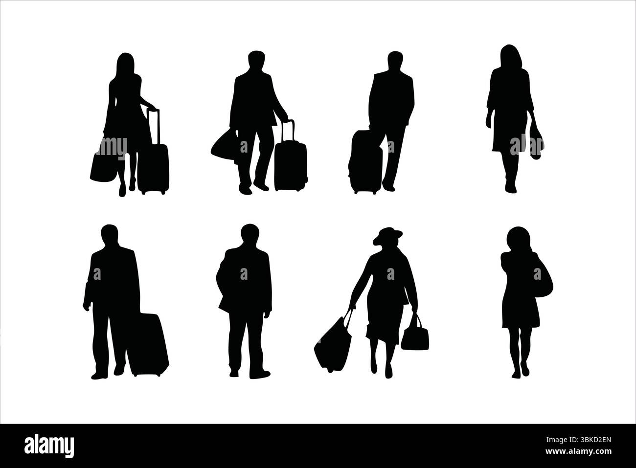 Travelers with Luggage Silhouettes - Airport Passengers Vector Set Stock Vector