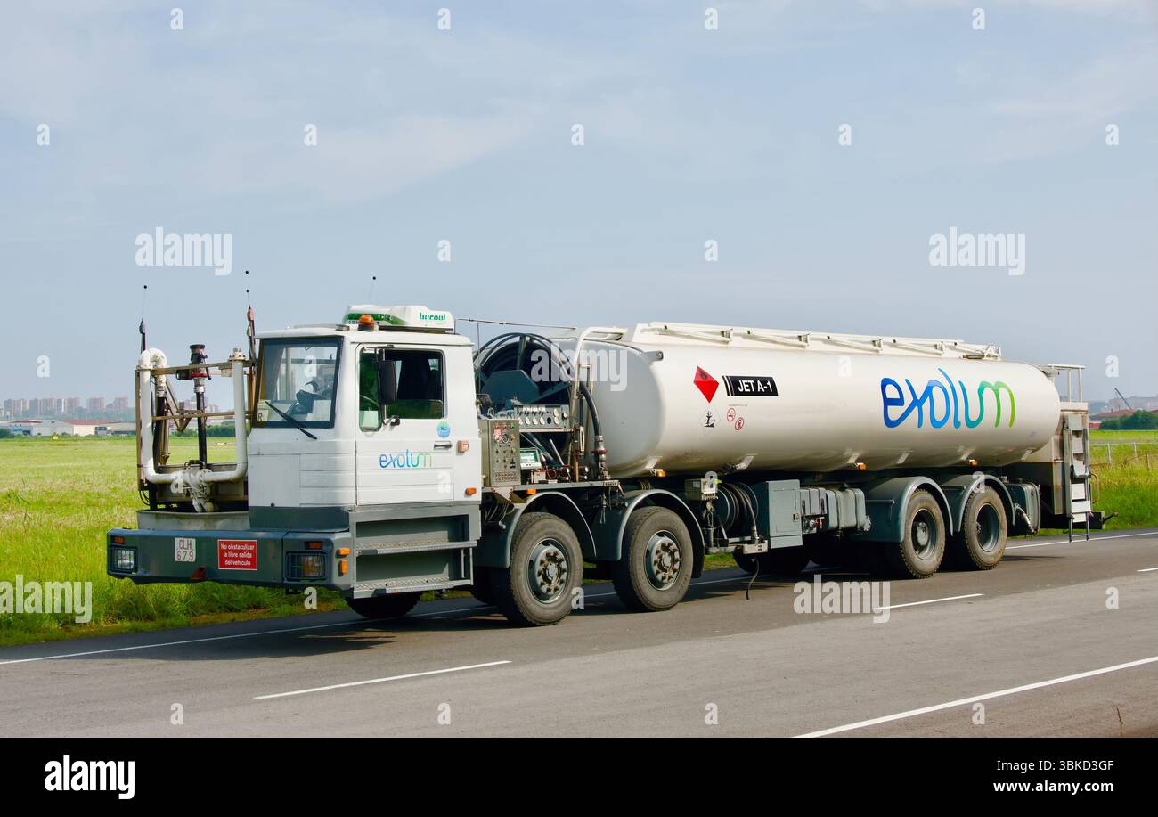 An Exolum Jet A-1 refuelling tanker truck parked at the fuel depot area ...