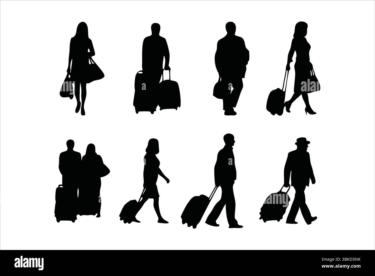 Travelers with Luggage Silhouettes - Airport Passengers Vector Set Stock Vector