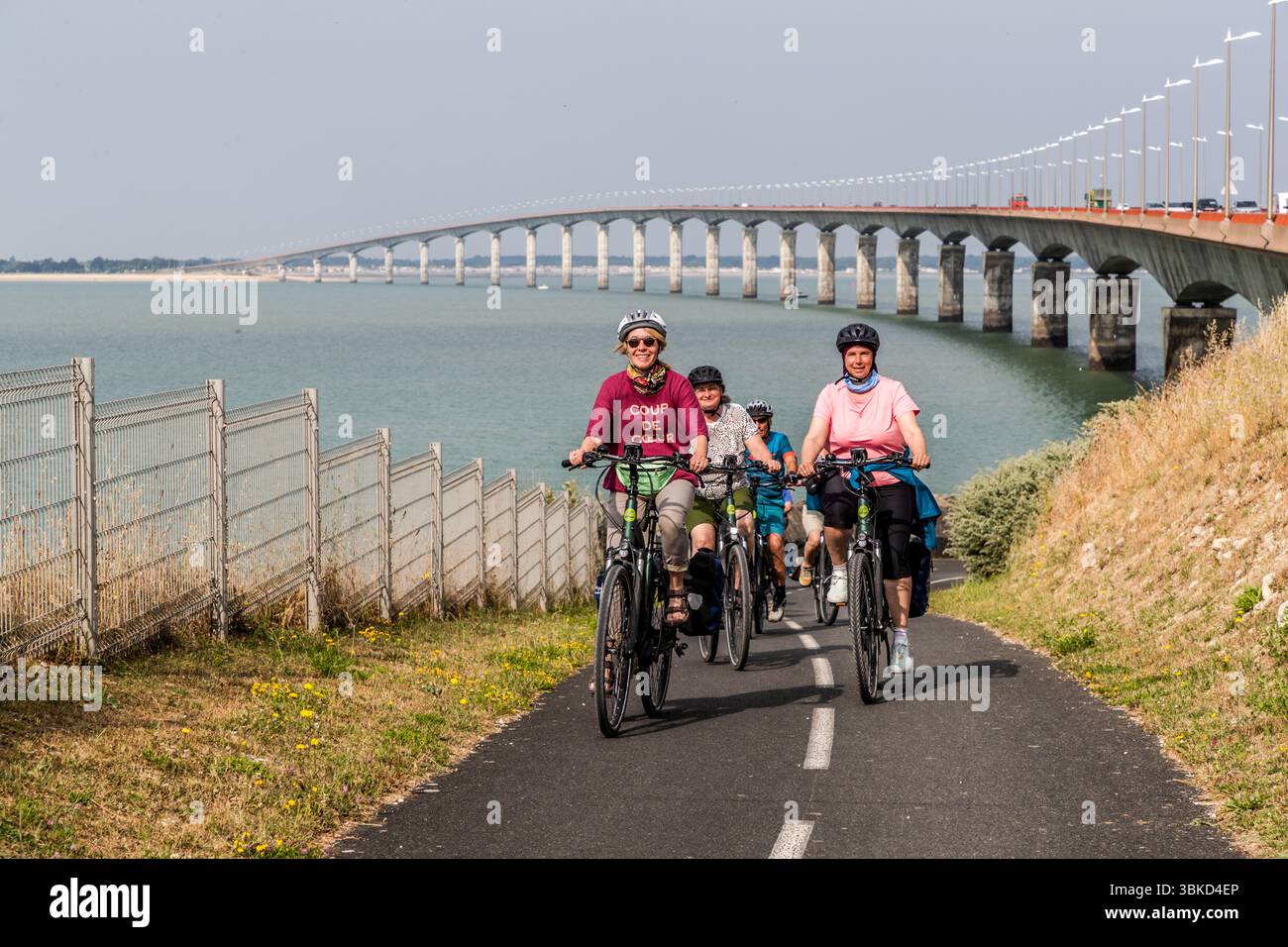Journalist Angela Berg and participants in the guided cycling tour by Die Landpartie ride along a cycle path at the mainland end of the bridge near La Rochelle, Charente-Maritime, Nouvelle-Aquitaine, France. By bike, they cross the bridge that connects the island of Ré (Île de Ré) to the mainland. At 2,926.5 metres long, it is the second-longest bridge in the country after the Saint-Nazaire Bridge. It opened in 1988. Angela Berg, wearing a helmet and sunglasses, rides in the front left, and her burgundy T-shirt reads "Coup de cœur". In English: "Love at first sight". A woman in a pink T-shirt Stock Photo