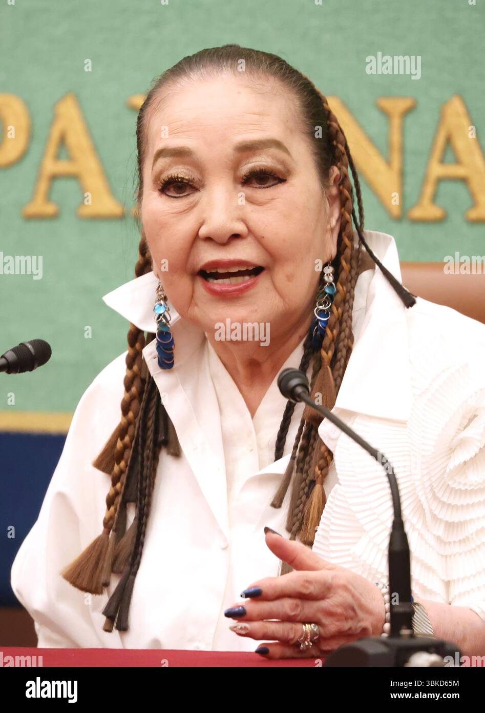 Tokyo, Japan. 20th June, 2025. Japanese song writer, music journalist and a radio DJ Reiko Yukawa, 89, speaks about her memories at the Japan National Press Club in Tokyo on Friday, June 20, 2025. Yukawa interviewed mano foreign musicians such as Elvis Presley and Beetles. (photo by Yoshio Tsunoda/AFLO) Stock Photo