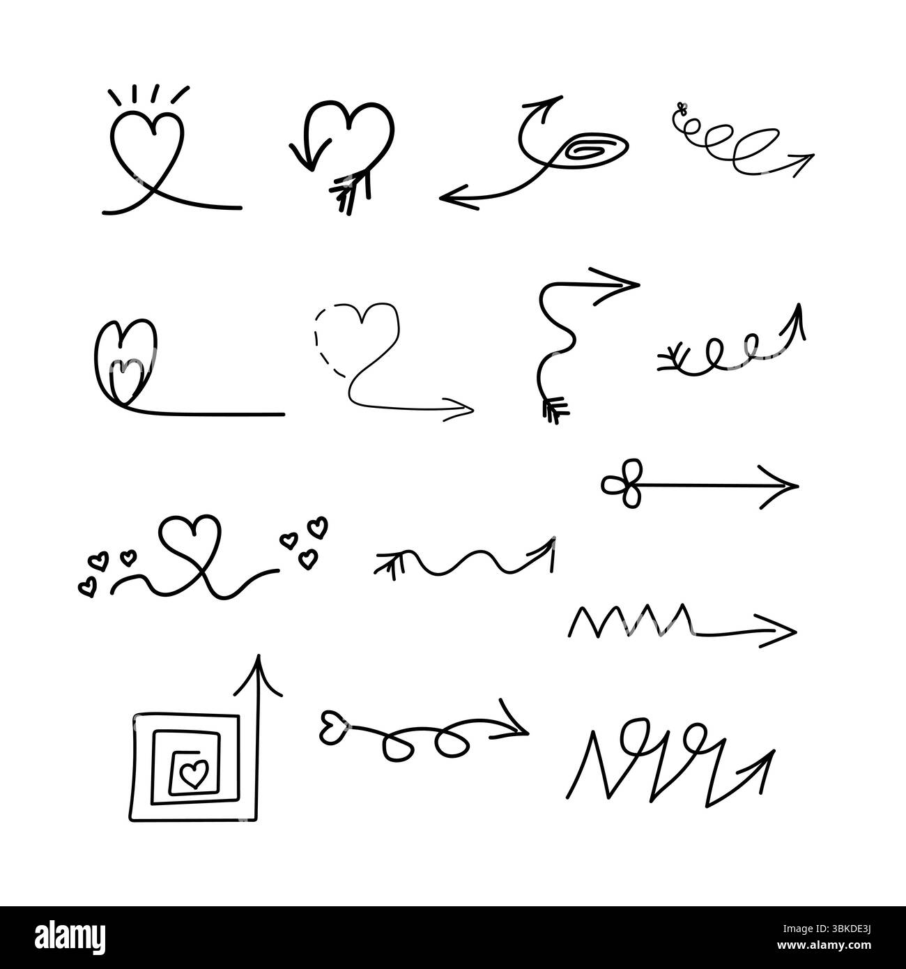 Hand drawn arrow and heart line elements. Signs and drawing pen effects. Decorative pencil curved symbols and shapes. Vector set Stock Vector