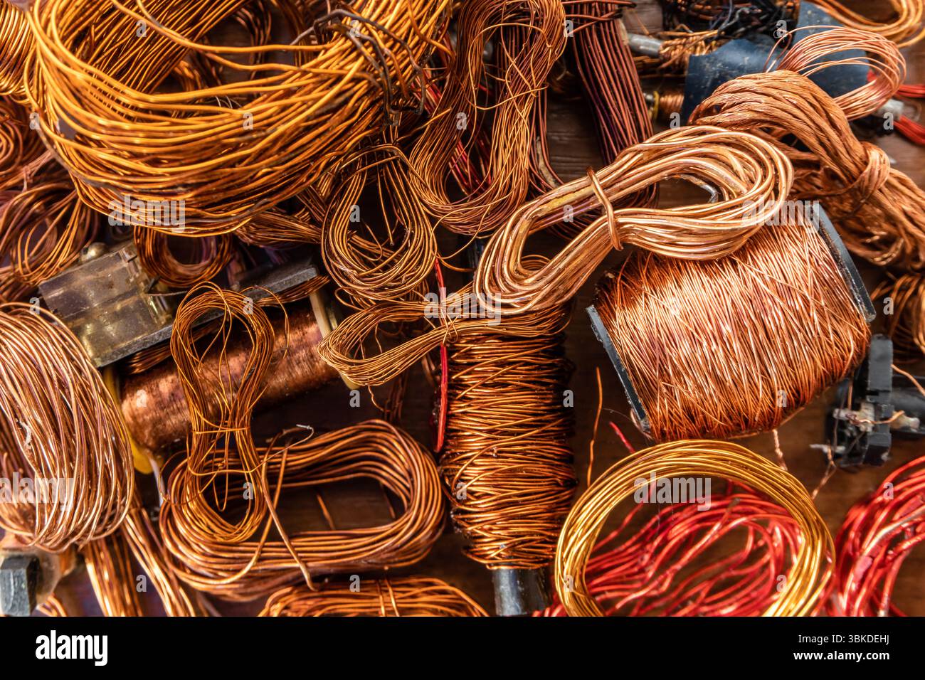 Closeup of copper waste in the form of copper wires, coils and ...