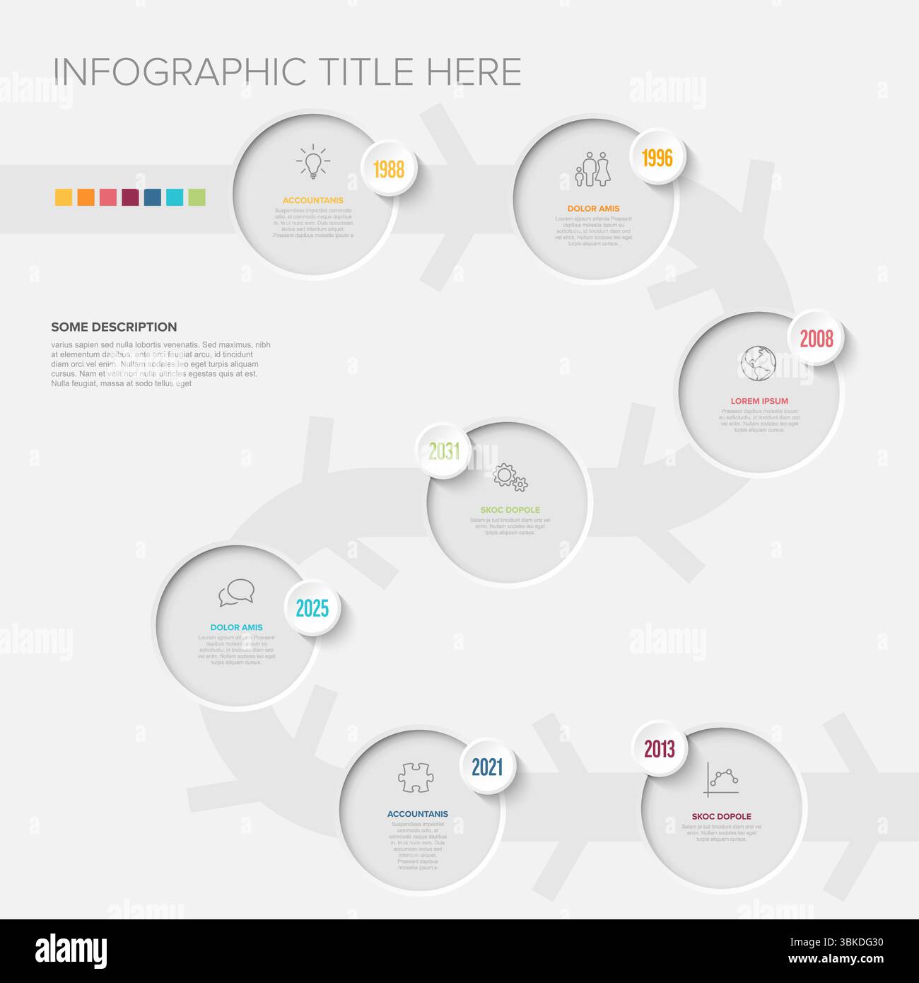 Use this modern timeline template for business process visualization needs. This professional workflow timeline template helps present essential data Stock Vector
