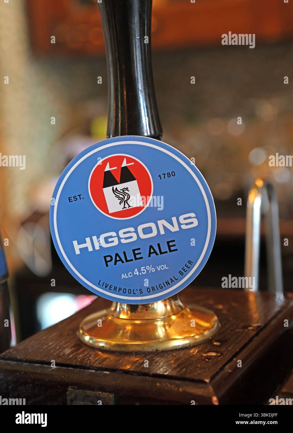 Higsons Pale Ale cask ale beer clip on a bar in a city centre pub, Liverpool, Merseyside, L1 Stock Photo