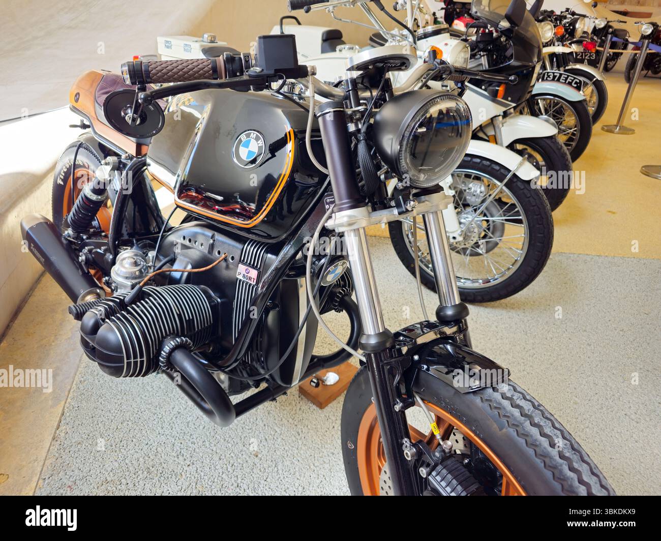 Classic vintage BMW sport motorcycle showcasing its iconic design, in classic motorbike exhibition Stock Photo