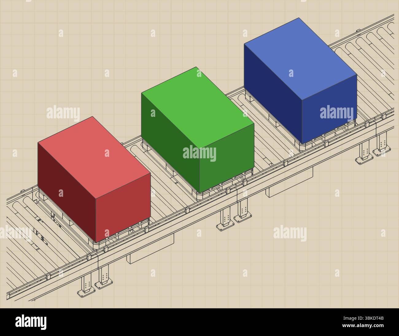 Conveyor line with boxes on pallets isometric drawings stylized vector illustration Stock Vector