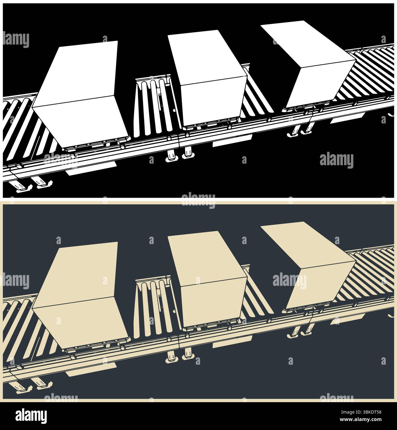 Conveyor line with boxes on pallets close up stylized vector illustrations Stock Vector