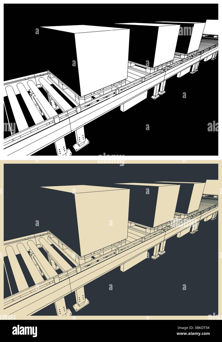 Conveyor line with boxes on pallets close up stylized vector illustrations Stock Vector