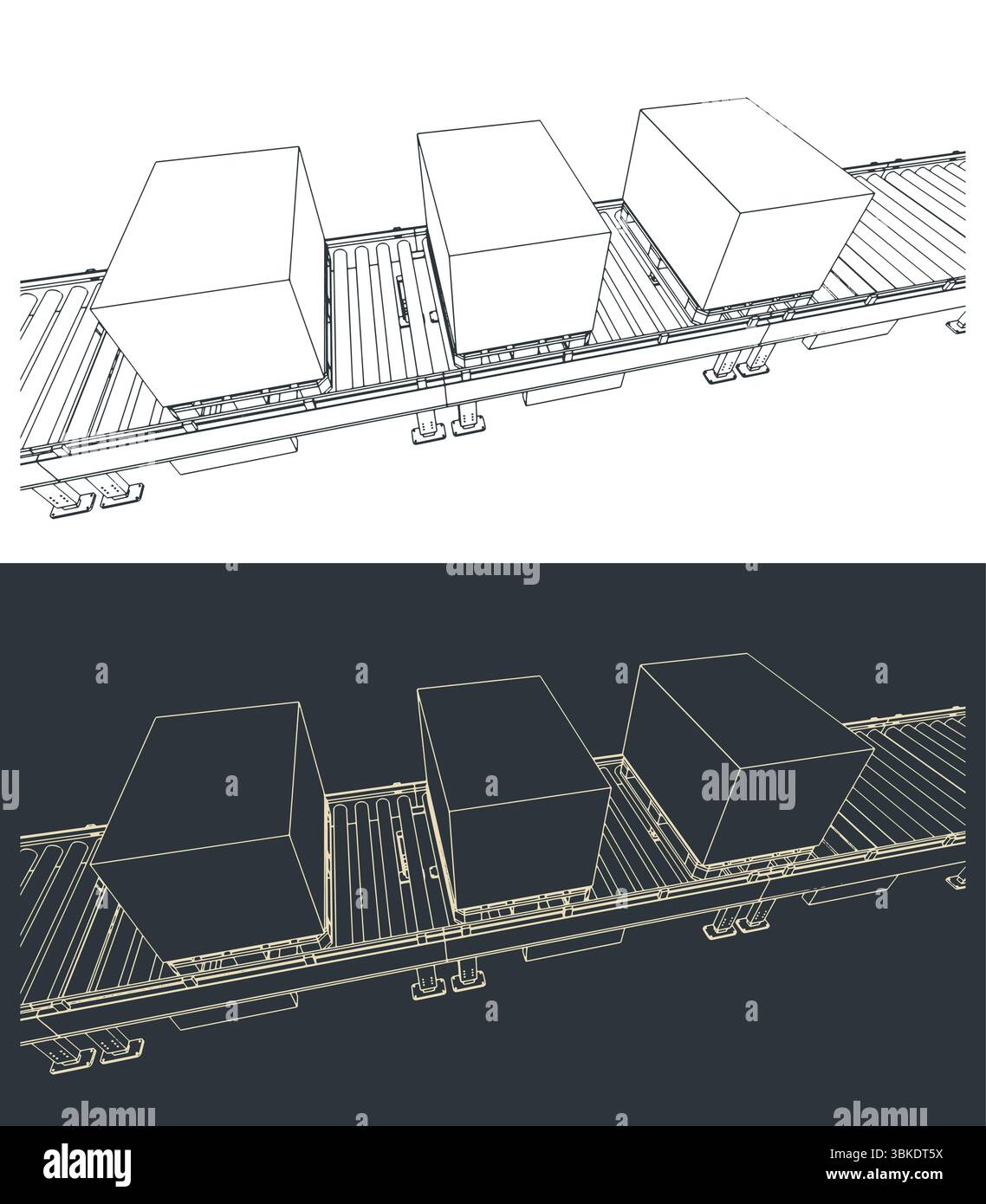 Conveyor line with boxes on pallets close up stylized vector illustrations Stock Vector