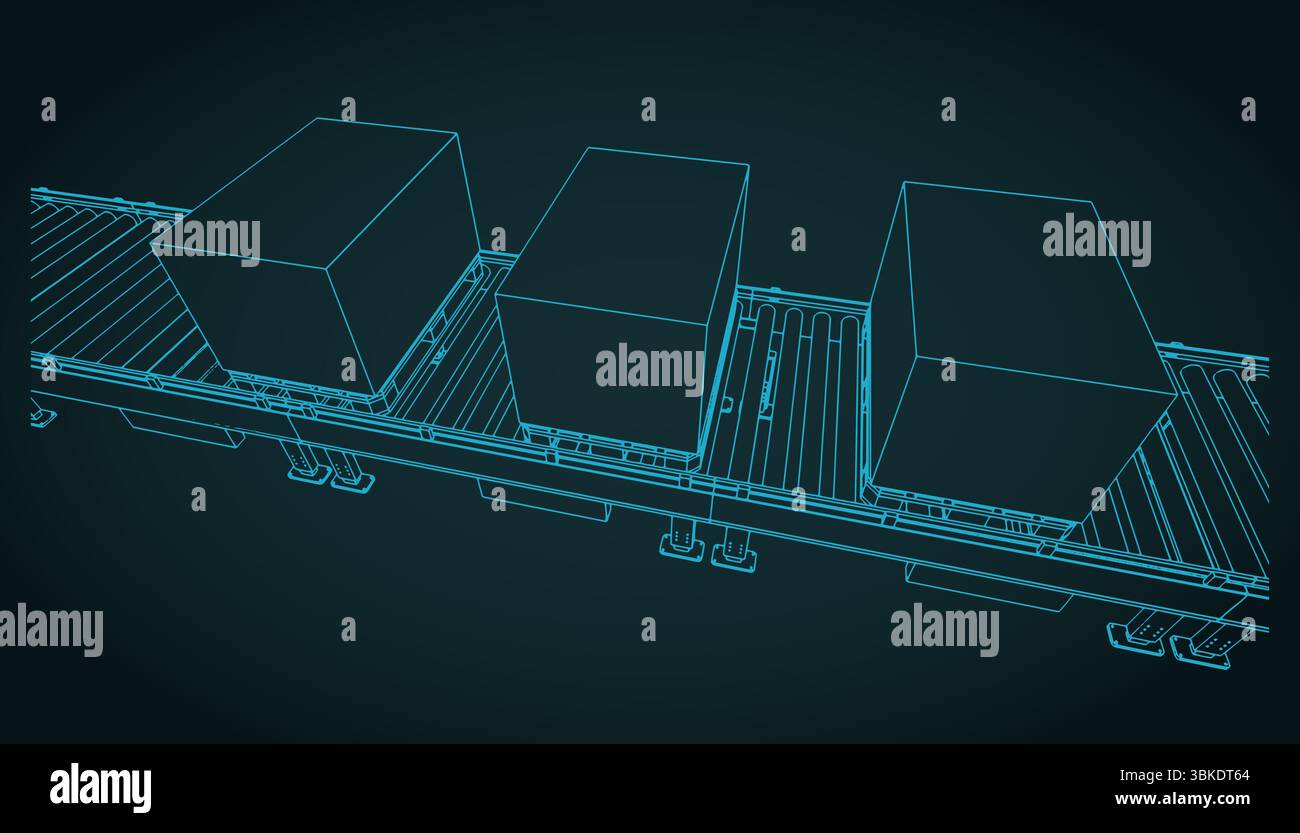Conveyor line with boxes on pallets close up stylized vector illustration Stock Vector