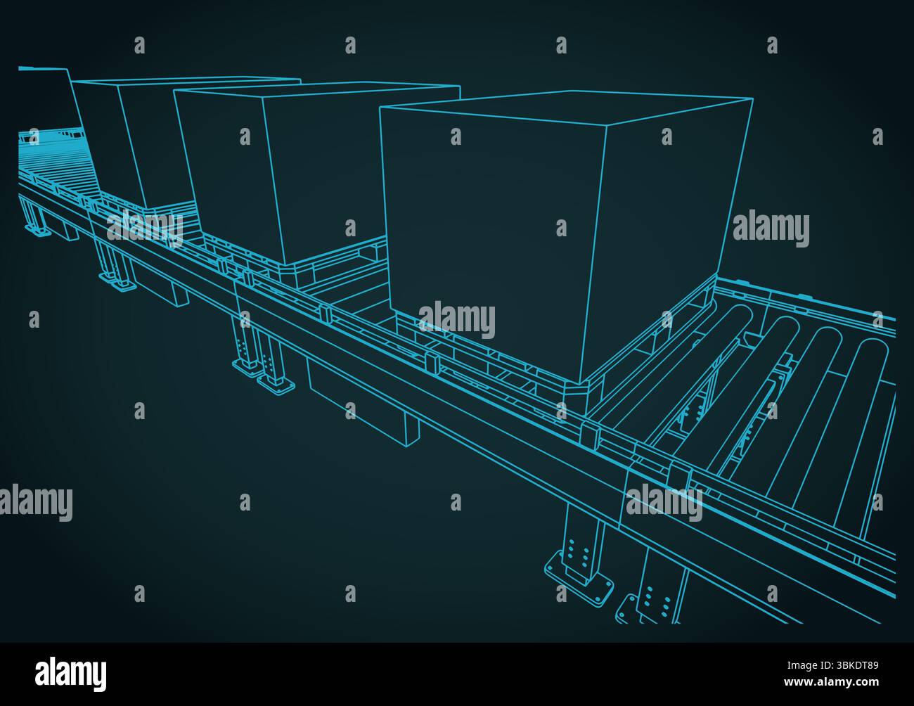 Conveyor line with boxes on pallets close up stylized vector illustration Stock Vector
