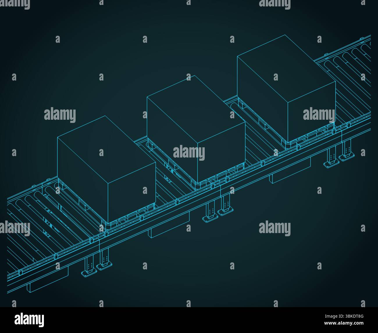 Conveyor line with boxes on pallets isometric blueprint stylized vector illustration Stock Vector