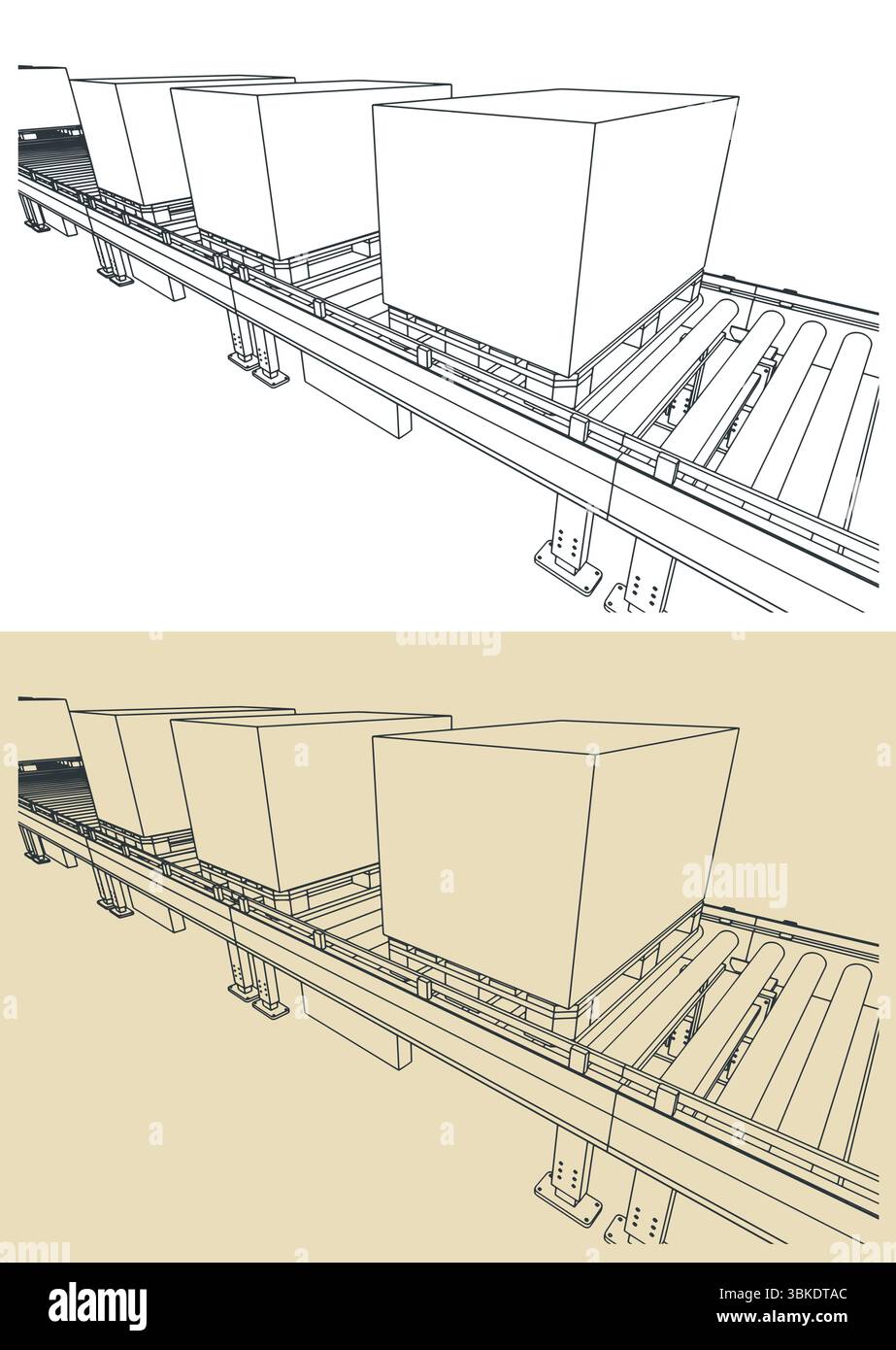 Conveyor line with boxes on pallets close up stylized vector illustrations Stock Vector