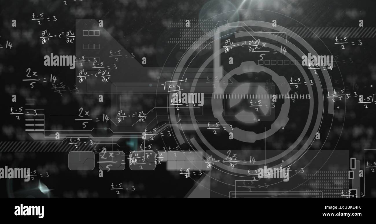 Displaying circular HUD element floating in dashboard interface with concentric rings and equations Stock Photo