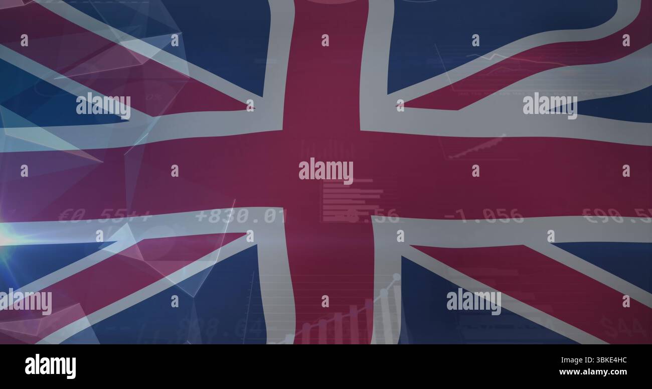 Displaying Union Jack flag in dashboard, streaming numeric data, line graphs, bar charts Stock Photo
