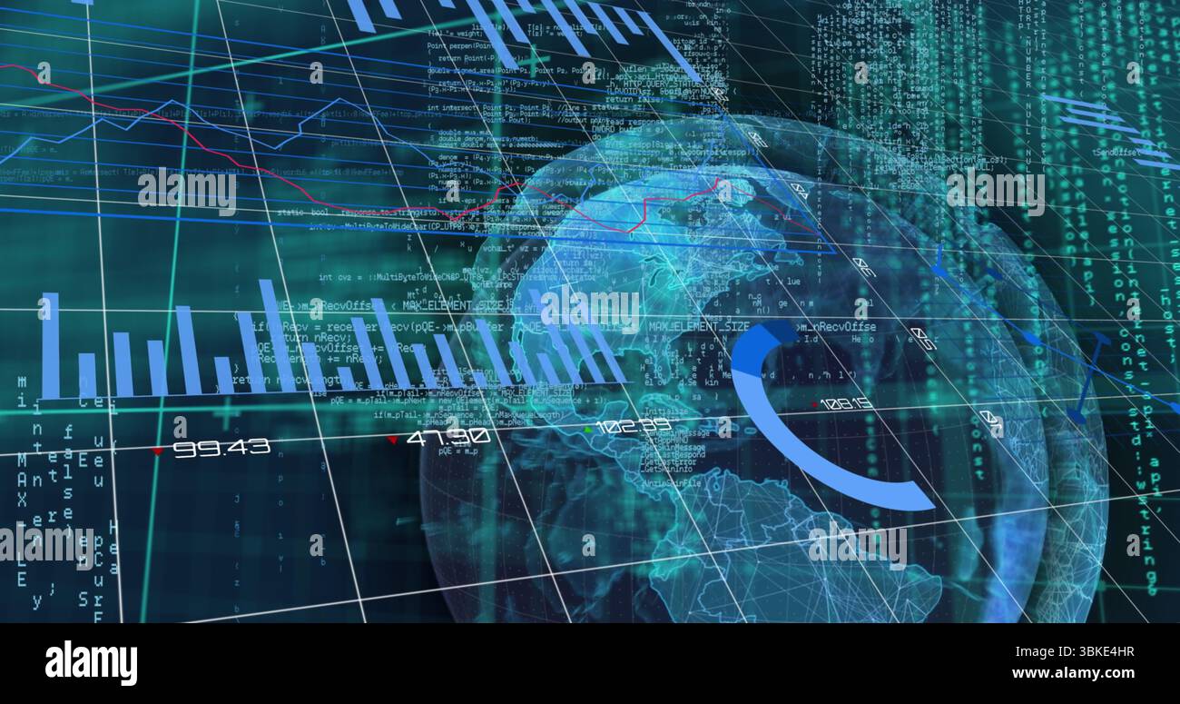 Displaying globe with 3D grid, bar charts and line graphs on analytics platform, streaming code Stock Photo