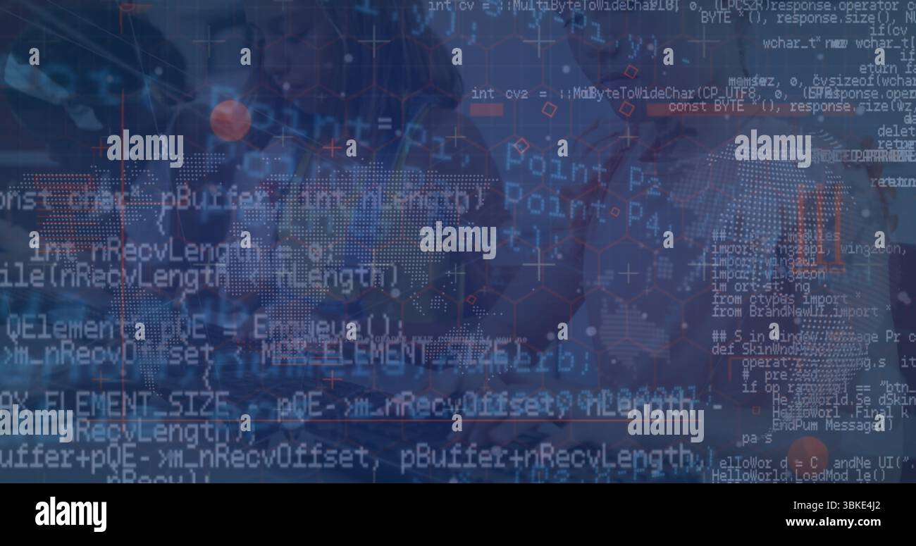 Displaying overlay of code and world map links on data visualization interface, with hex grid Stock Photo