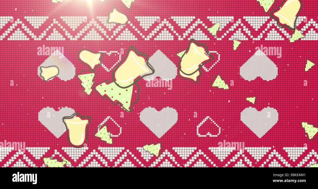 Displaying red knit pattern on digital art, with white hearts, yellow shards, zigzag and lens-flare Stock Photo