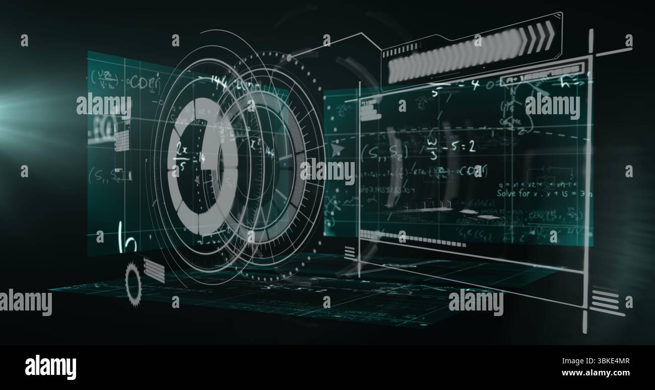 Floating holographic panels showing rotating HUD element in virtual space, with code, equations Stock Photo