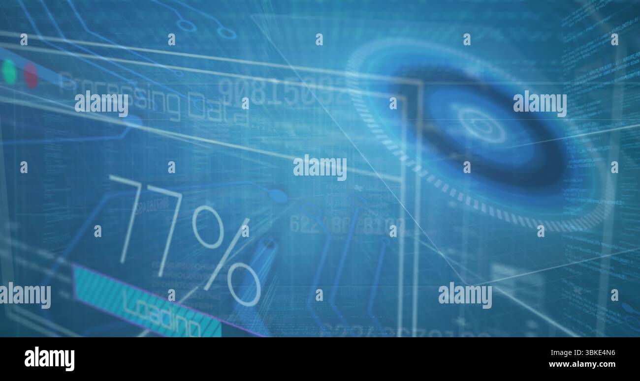 Virtual control interface displaying rotating UI dial and 71% progress ...