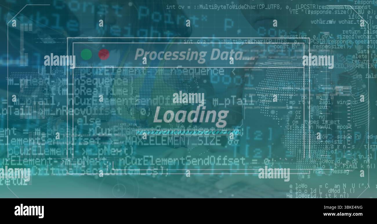 Displaying UI window showing processing data loading on screen, with overlaid code, circuit motif Stock Photo