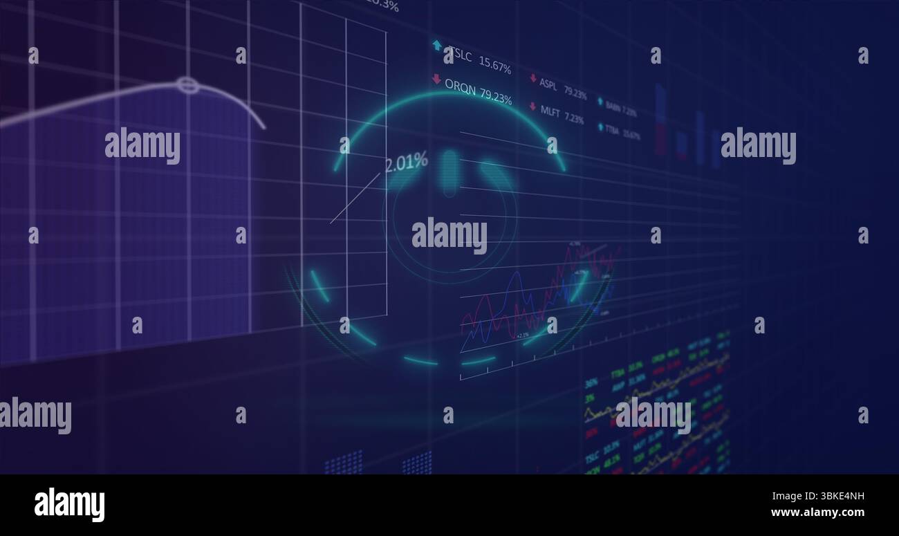 Displaying glowing neon circular HUD interface in virtual dashboard, with transparent data panels Stock Photo