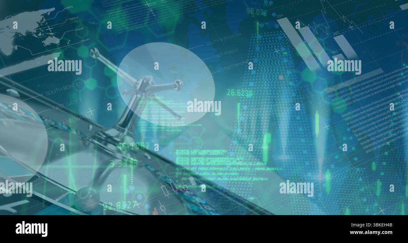 Displaying metallic node structure rotating within virtual network interface, with candlesticks Stock Photo