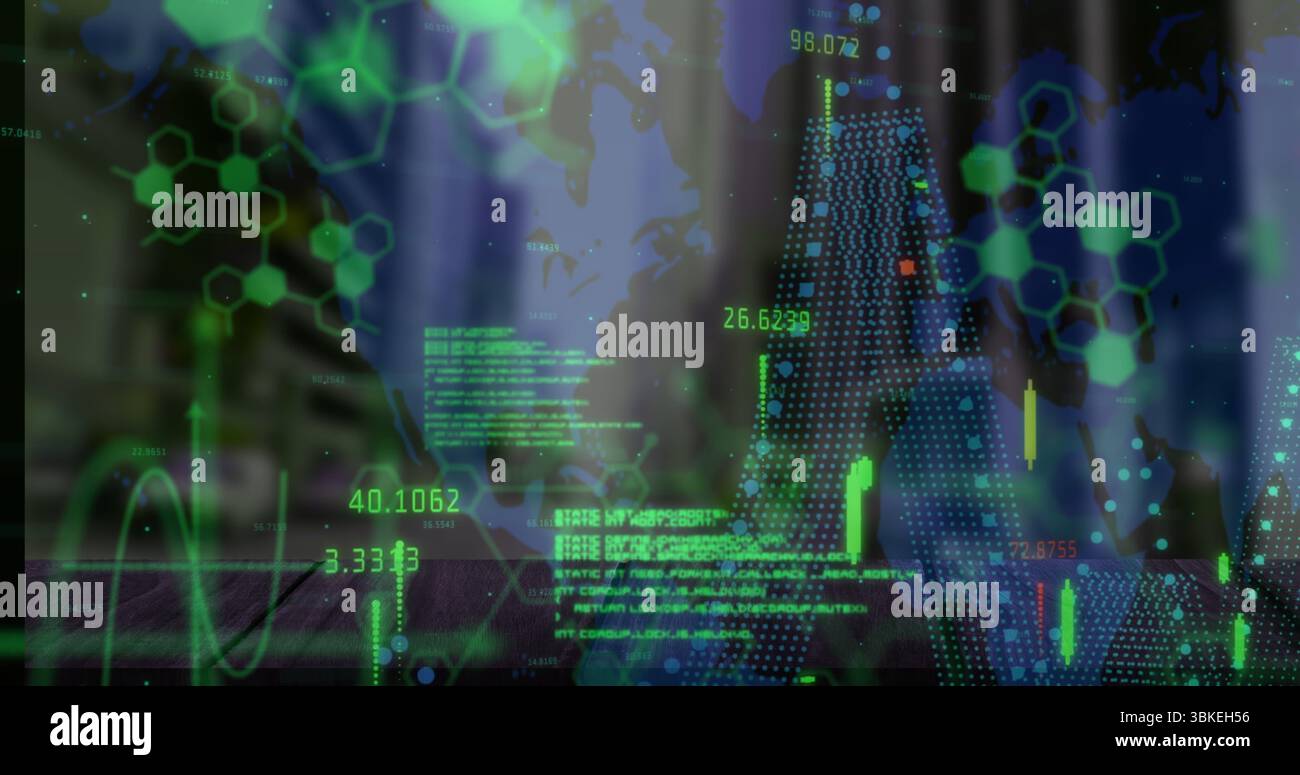 Displaying world map and network on office desk, with floating numerical data and candlestick chart Stock Photo
