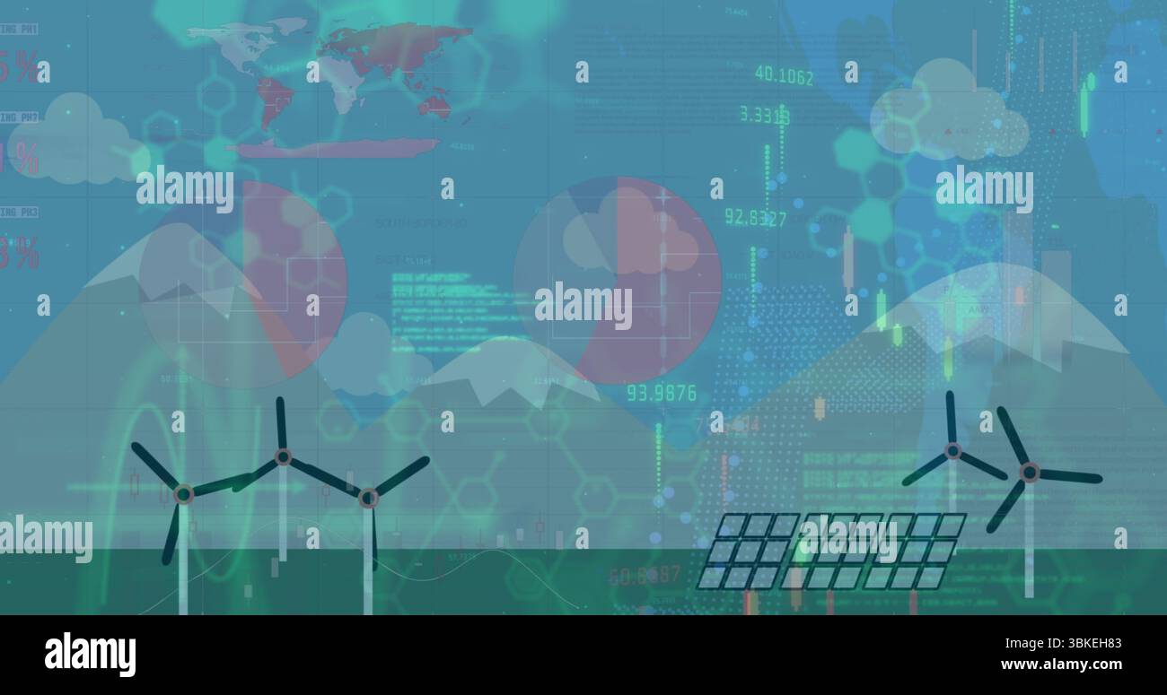 Showing wind turbines and solar panels at sea, with stylized world map and cloud icons Stock Photo