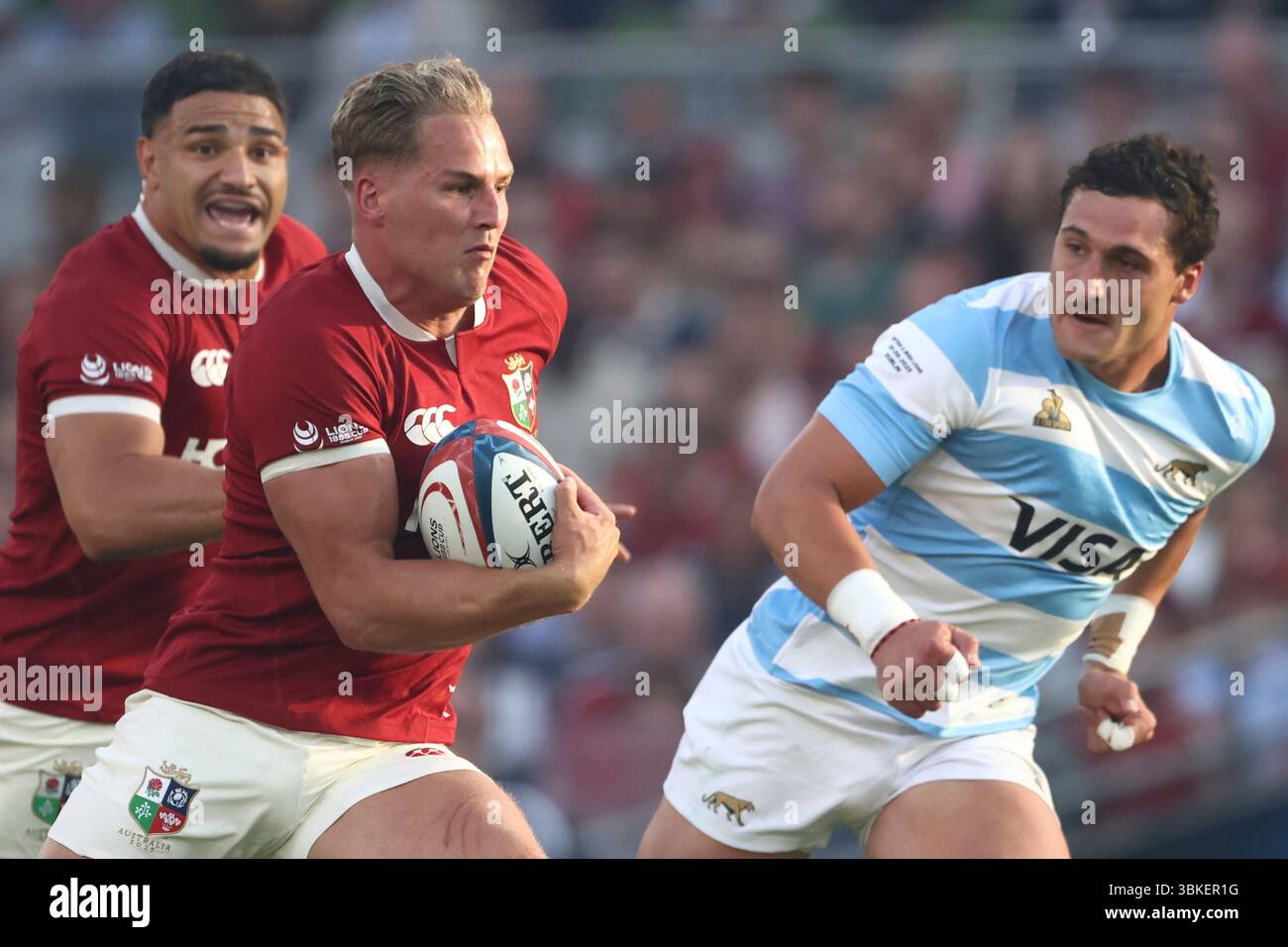 Lions' Duhan van der Merwe carries the ball forward during the Rugby ...