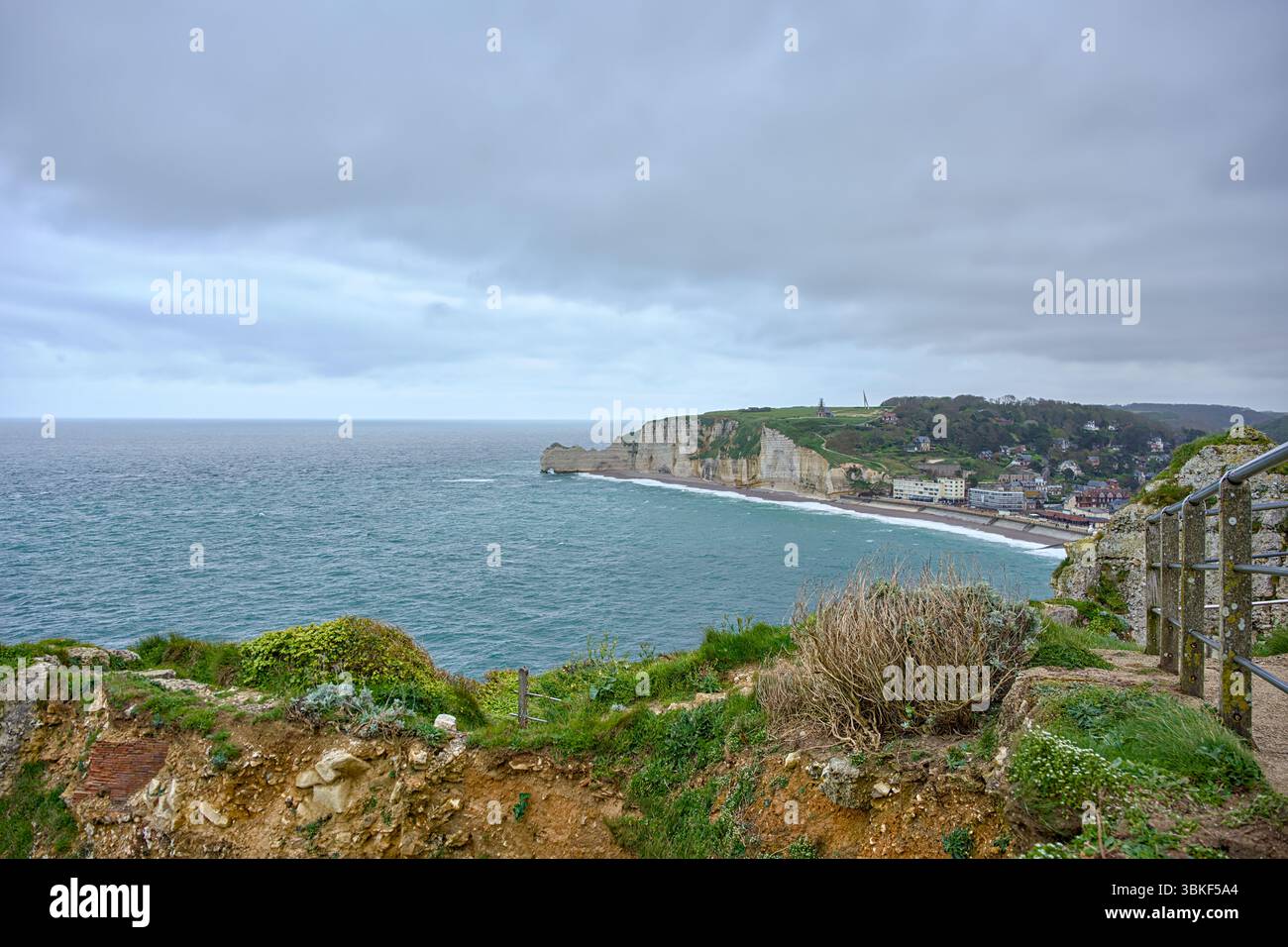 Panoramic view of Etretat town and cliffs from coastal trail Stock ...
