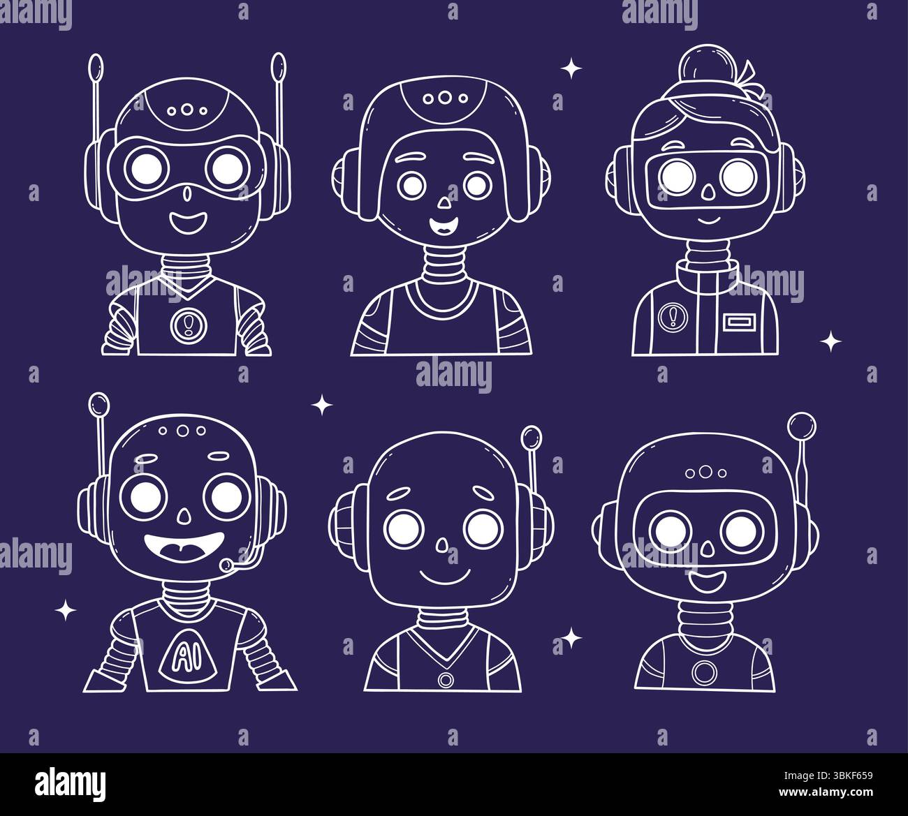 Outline Chatbot Face, Robot, girl, Assistant AI character set. Vector hand drawing doodles. Isolated White virtual Avatar on blue background for tech Stock Vector