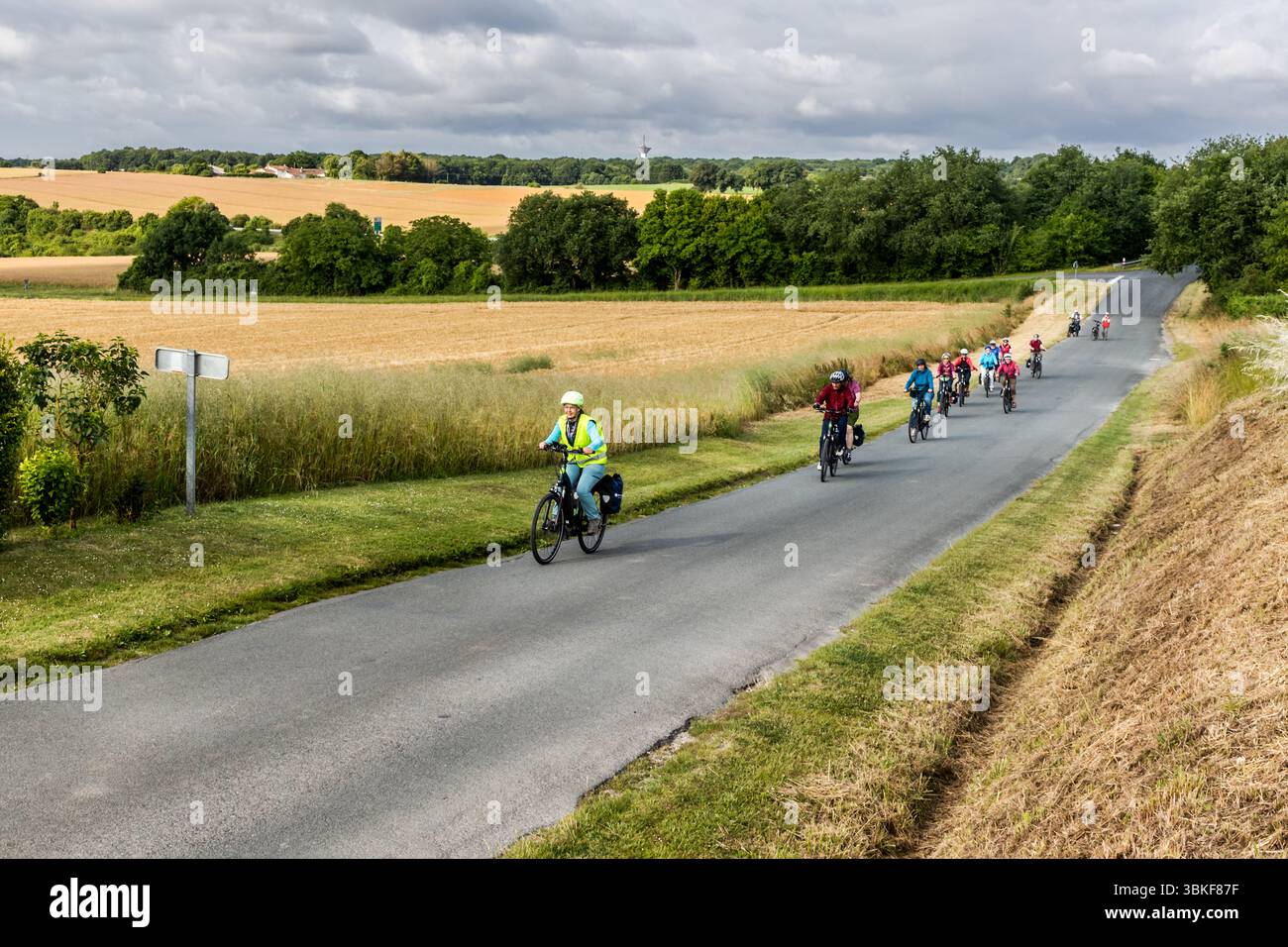 A group of cyclists rides along La Flow Vélo long-distance cycle route through the picturesque landscape of the Cognac region in western France. Tour guide Katell Nicoux leads the way in a high-visibility vest and a green helmet. The narrow road runs between cornfields near Saintes, close to the Charente. The route mostly runs through gently undulating to flat terrain. La Flow Vélo covers around 400 kilometres from Sarlat-la-Canéda in the Périgord to the Île d'Aix off the Atlantic coast. The group is on a guided cycling tour by Die Landpartie along the Charente. Route de Saint-Thomas, Nouvelle Stock Photo