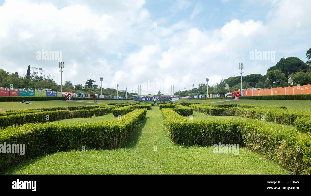 Lisbon, Portugal - Book Fair (Feira do Livro) held annually in Eduardo VII Park. Garden view - Smartphone Captured Stock Image