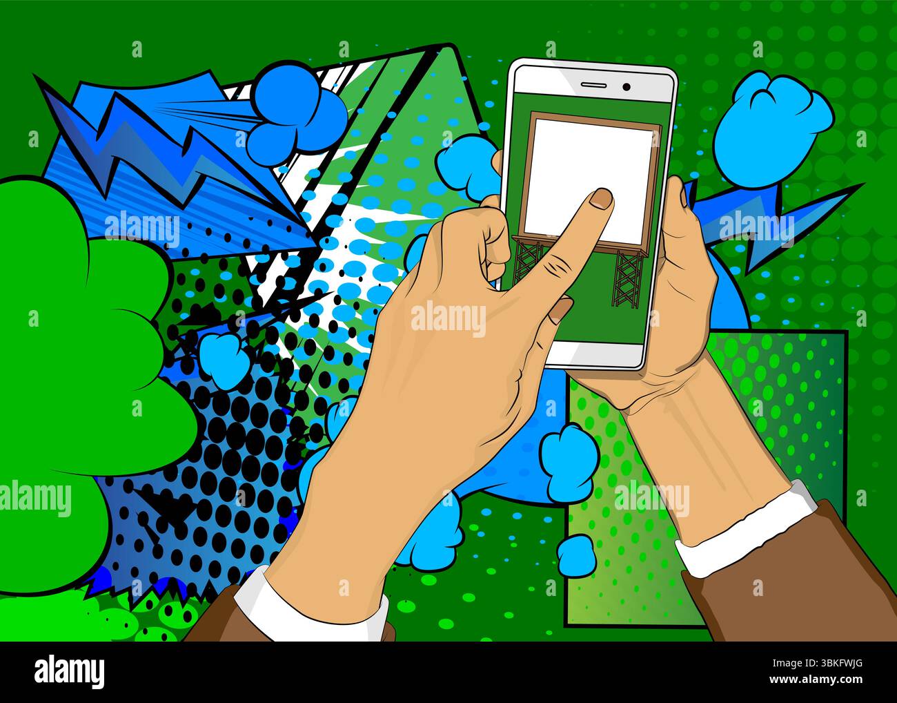 Cartoon Smartphone, comic book Telephone with Billboard. Retro vector ...