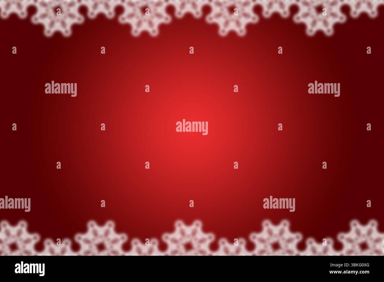 Flat red gradient backdrop is featuring white lace-like snowflake borders at top and bottom edges Stock Photo