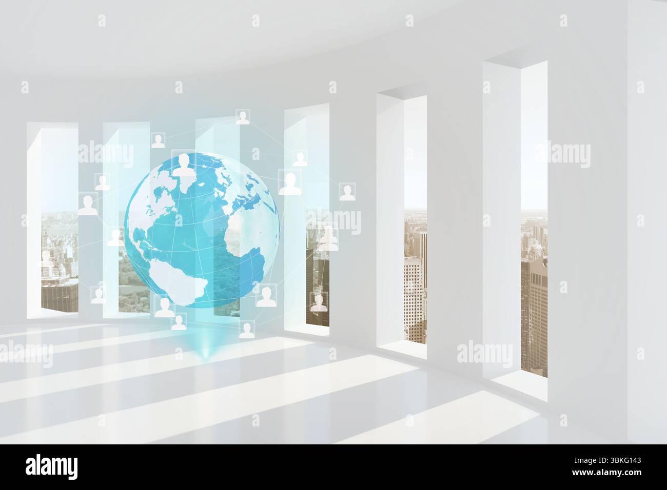 Translucent hologram Earth globe is floating in 3D room with windows, lines connecting avatar icons Stock Photo