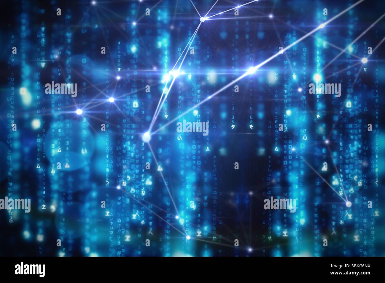 Digital abstract scene is showing glowing blue code streams and white ...