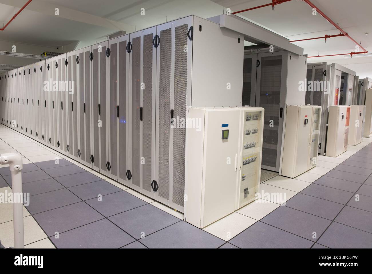 Server cabinet row is lining flat design data center corridor, showing ...