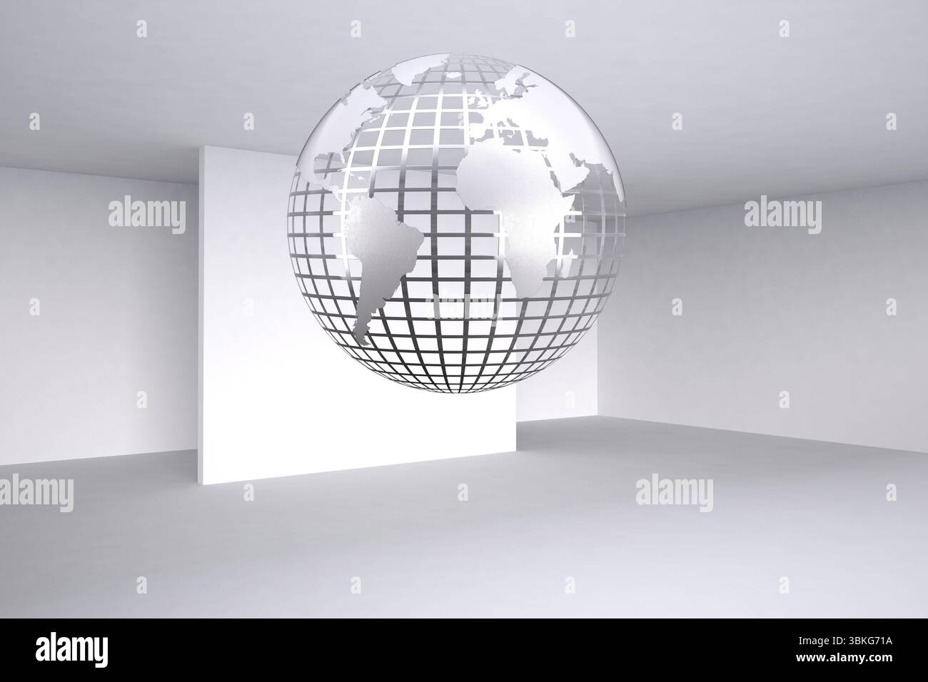 Shiny planet floating in grey room Stock Photo