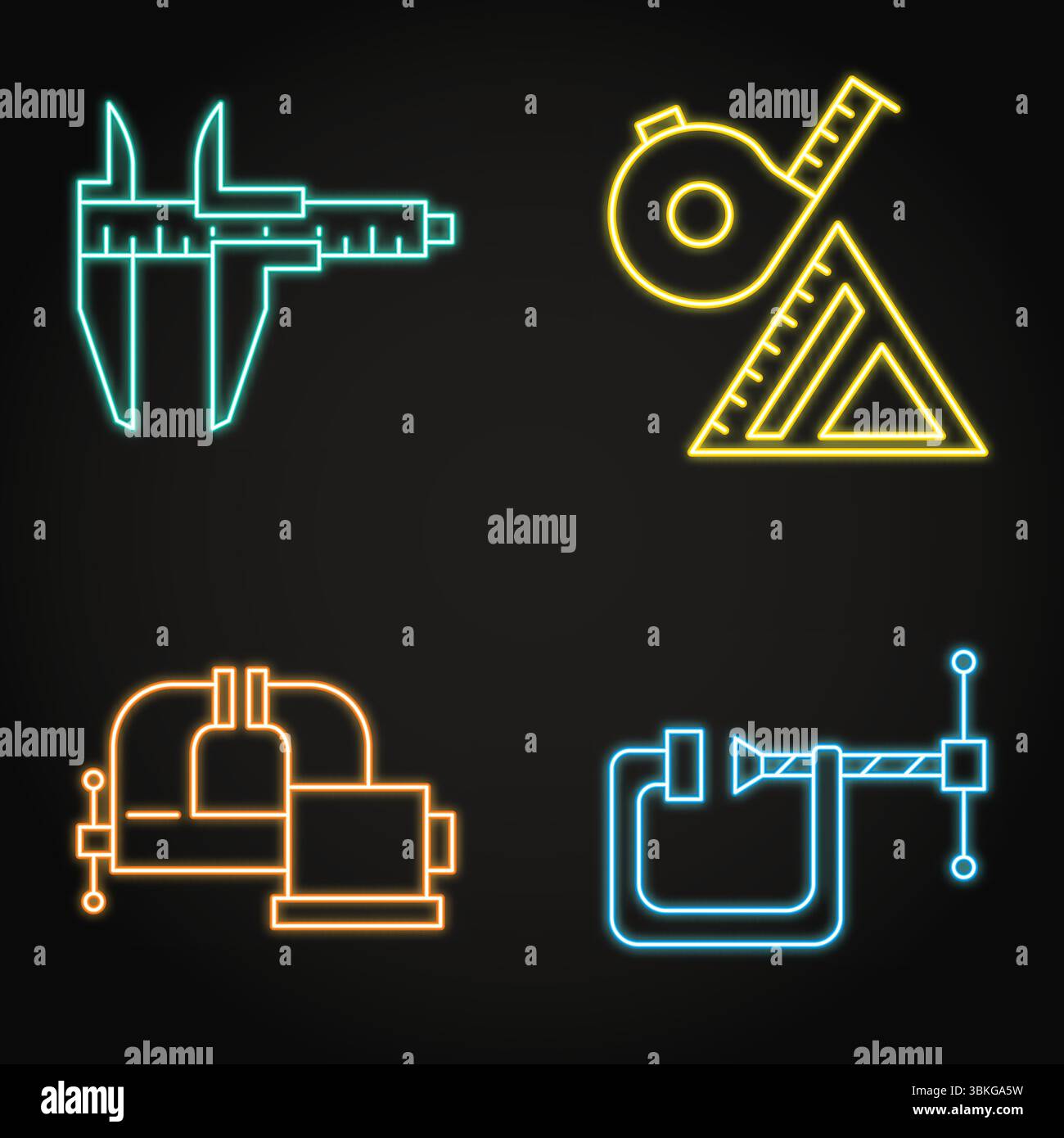 Carpenter tools neon icon set. Measurement instruments and vice tools ...